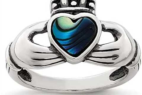 Solid 925 Sterling Silver Vintage Antiqued Abalone and Enamel Irish Claddagh Celtic Ring Band
