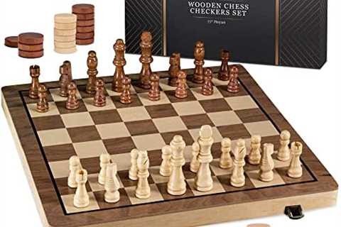 15″ Wooden Chess Sets – Chess & Checkers Board Game | with 2 Extra Queens | Wooden Chess Set |..