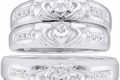 Sonia Jewels 10k White Gold Trio His & Hers Round Diamond Claddagh Matching Bridal Wedding Ring..