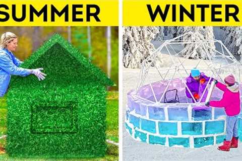 SUMMER HOUSE vs WINTER HOUSE || Huge Backyard Crafts